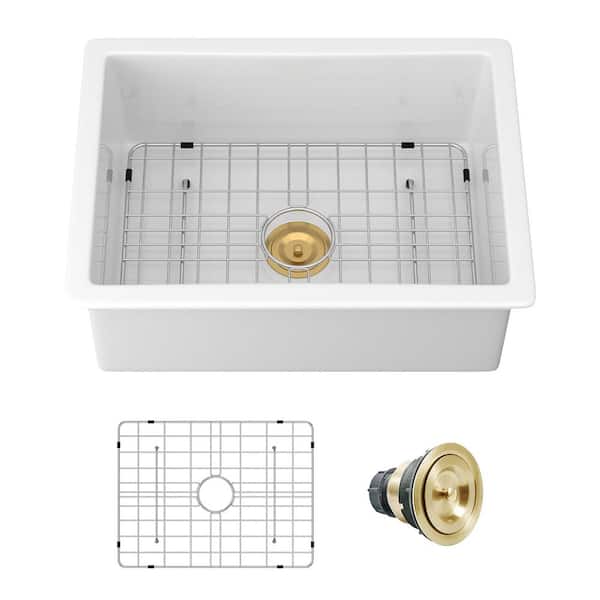 30 in. Undermount Single Bowl White Ceramic Kitchen Sink with Bottom Grids
