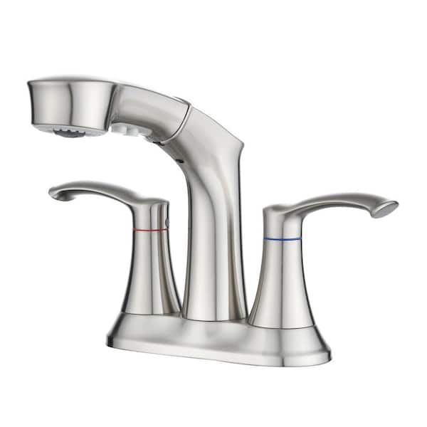 Pdpbath 4 in. Centerset Double Handle Pull Out Sprayer Bathroom Faucet 3-Hole in Brushed Nickel