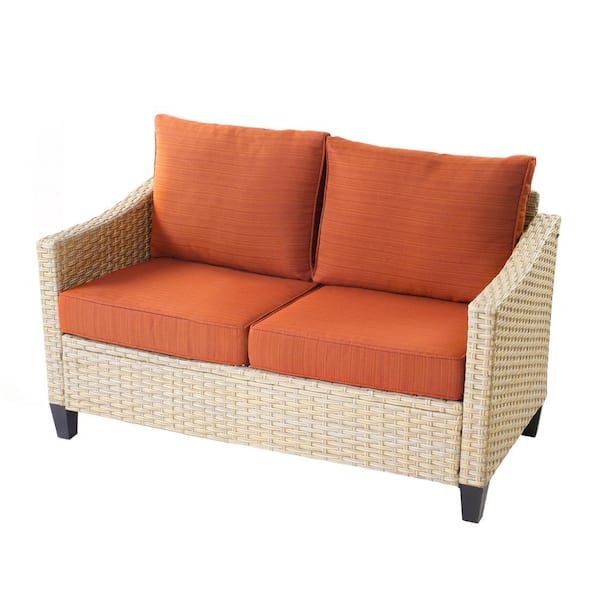 weaxty W Camelia D Beige 6-Piece Wicker Patio Rectangular Fire Pit Seating Set with Orange Red Cushions and Swivel Rocking Chairs