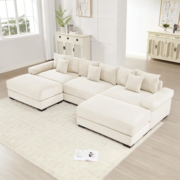 JTGJBC 59.4 in. Straight Arm 5-Piece Corduroy Modular Sectional Sofa with Ottoman & Ergonomic Design in Creamy Beige