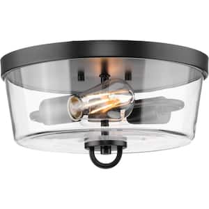 12 in. 60-Watt Huntscroft Collection 2-Light Matte Black No Bulbs Included Flush Mount with Clear Glass Shade