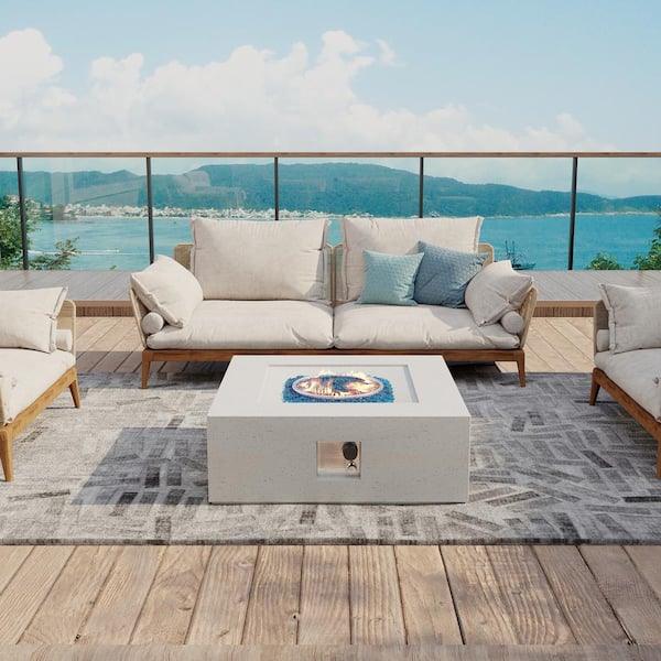 UPHA 28 in. Sq. Terrazzo Propane Gas Off-white Fire Pit Table, 40,000 BTU with Blue Glass Stones and Rain Cover