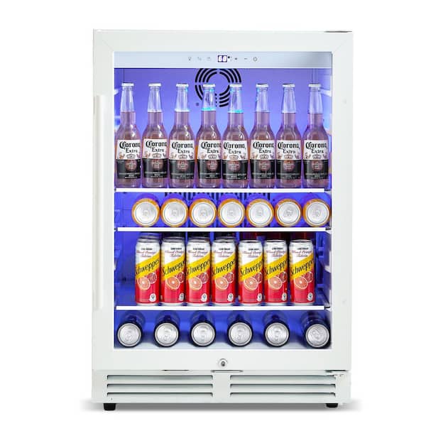 23.4 in. Single Zone 220-Can Beverage Cooler Reversible Door in White Auto Blue LED 3-Removable Tempered-Glass Shelves