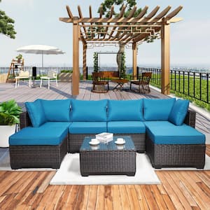 Brown 7-Piece Wicker Patio Conversation Set with Peacock Blue Cushions and and Coffee Table