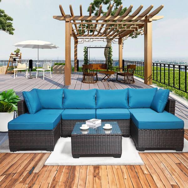 Sudzendf Brown 7-Piece Wicker Patio Conversation Set with Peacock Blue Cushions and and Coffee Table