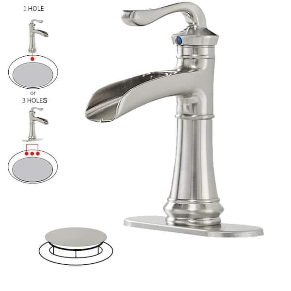 BWE Waterfall Single Hole Single-Handle Low-Arc Bathroom Faucet With Pop-up Drain Assembly in Brushed Nickel
