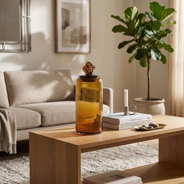 12 in. Orange Glass Jar with Knot Lid Dark Amber Decorative Vase
