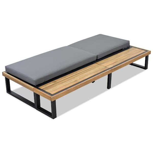 Sudzendf 1-Piece Metal Outdoor 5-Position Adjustable Backrest Chaise Lounge with Removable Gray Cushion and Wood Side Table