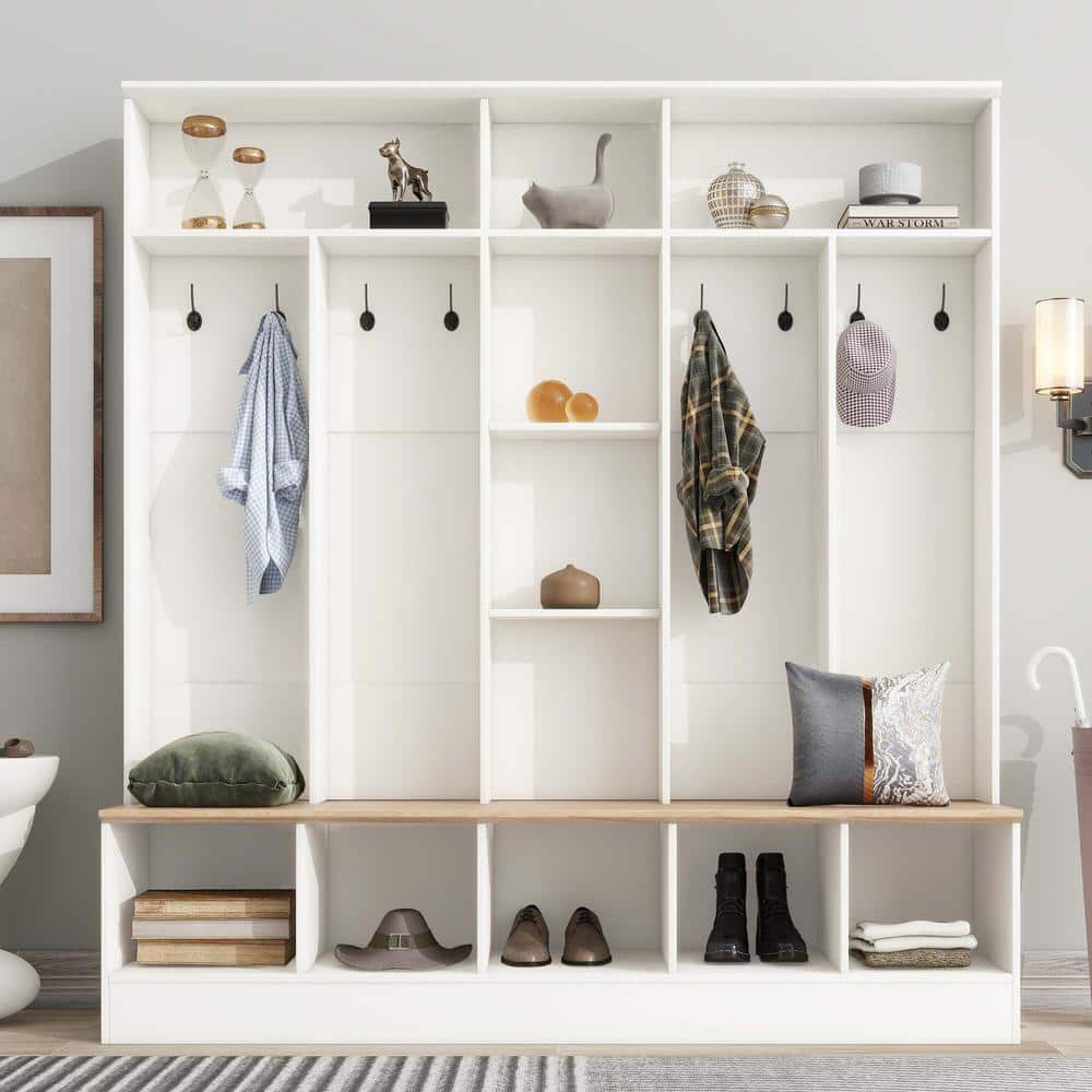White Particle Board Wood Hall Tree with Storage Bench,Cube Storage and 8 Hooks price history on PriceWatchPro