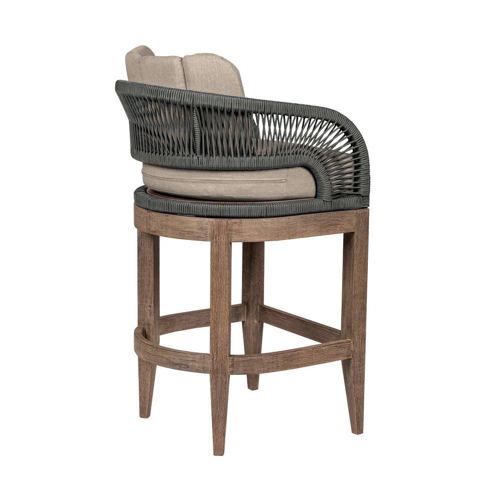 Orbit 30" Eucalyptus Wood Bar Stool with Taupe Cushions and Gray Rope