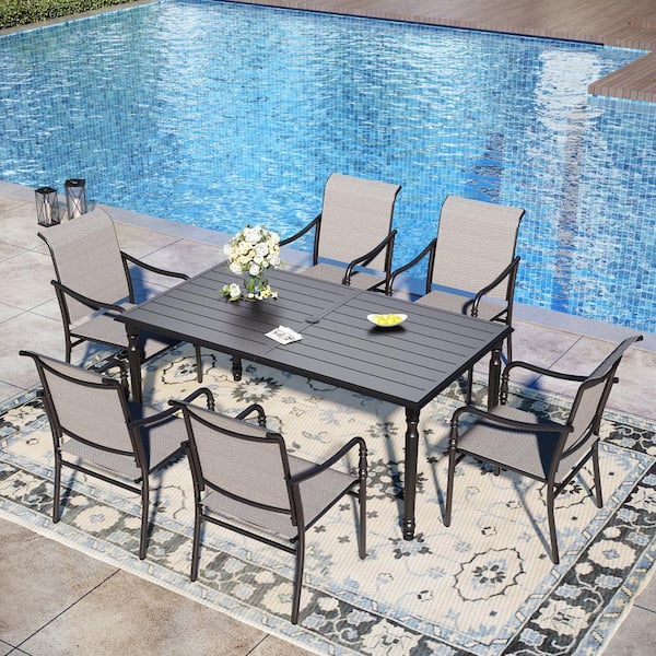 PHI VILLA Black 7-Piece Metal Patio Outdoor Dining Set with Rectangle Table and Gourd-shaped Design Textilene Chairs
