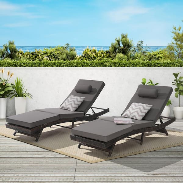 Dark Gray Outdoor Wicker Long Reclining Chair Set of 2 Wicker Reclining Lounge Chair for Lawn