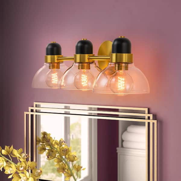 RRTYO Kneeland 24.4 in. 3-Light Aged Brass Modern Linear Dome Bathroom Vanity Light with Clear Bubble Globe Glass Shade