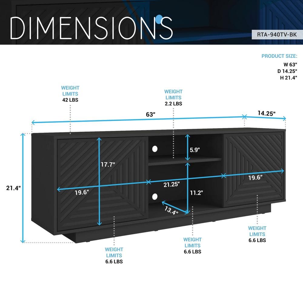 Black Particle Board TV Stand with Chevron Pattern Doors, 63"