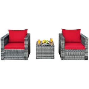 3-Piece Wicker Patio Conversation Set with Red Cushions and Tempered Glass-Top Table