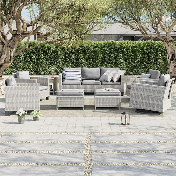 8-Piece Patio Sofa Set Gray Wicker Outdoor Furniture Set Swivel Rocking Sofa, Gray Cushions