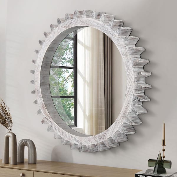 42 in. W x 42 in. H Round Framed Floating Wall Bathroom Vanity Mirror in Antiqued White Solid Wood