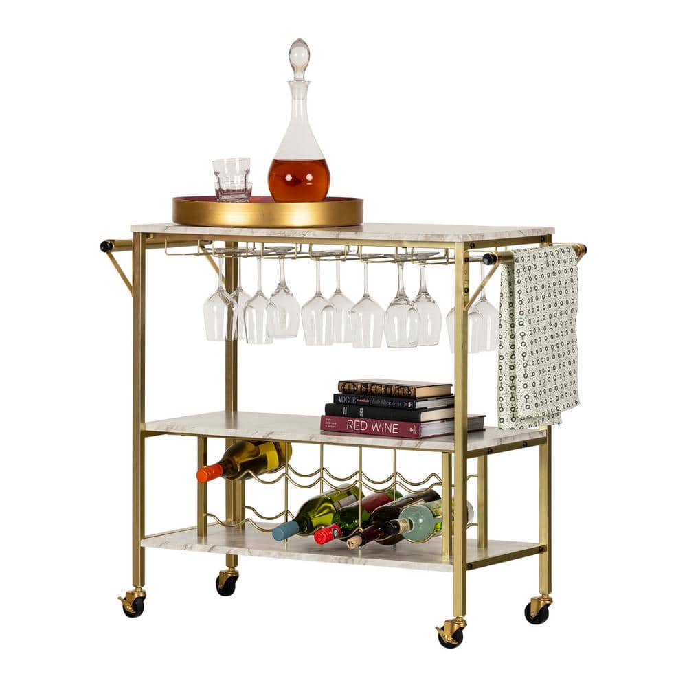 Glam Marble-Top Gold Metal Bar Cart with Wine Glass Storage