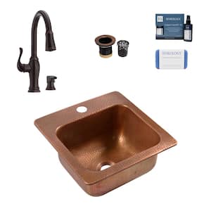 Angelico 15 in. 1-Hole Drop-In Single Bowl 16 Gauge Antique Copper Bar Prep Sink with Maren Bronze Faucet Kit