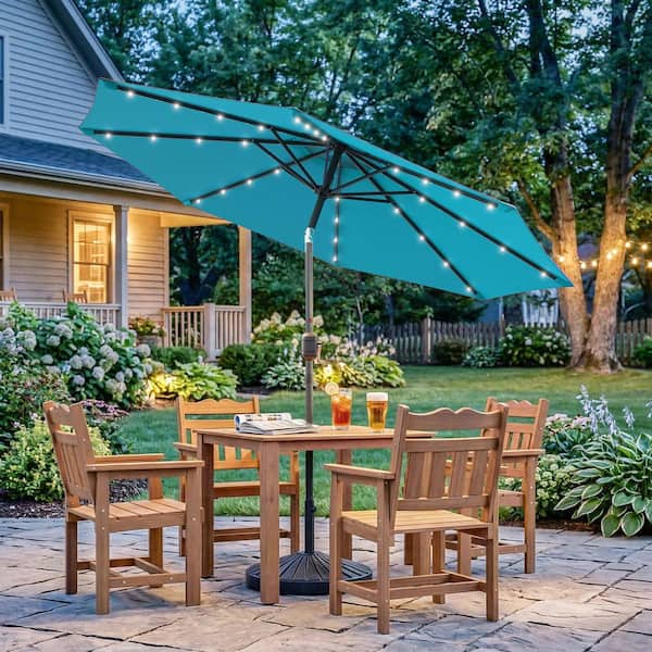 better home and garden patio umbrellas Sonkuki 9 ft. Solar Lighted LED Outdoor Patio Market Table Umbrella in Navy Blue, UV-Resistant Canopy and Tilt Button