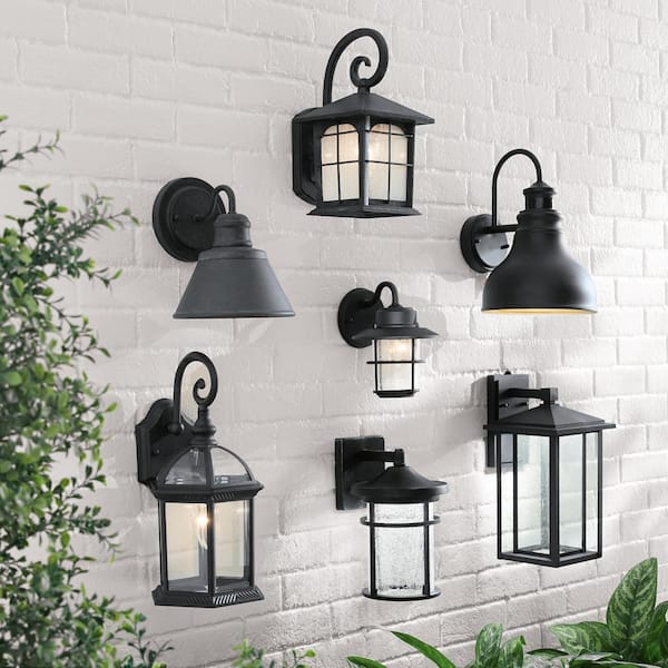Home Decorators Collection - Mauvo Canyon 15.5 in. Black Dusk to Dawn LED Outdoor Wall Light Fixture Porch Sconce with Seeded Glass