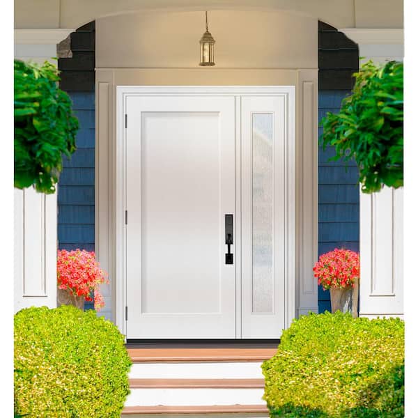 Legacy 53 in. x 80 in. 1 Panel Shaker RHOS Unfinished White Fiberglass Prehung Front Door w/Rain 14 in.SL 4-9/16 Jamb