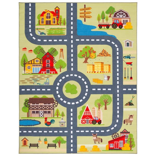 Kids Playhouse 8 ft. x 10 ft. Light Green/Dark Gray Neighborhood Roads Area Rug