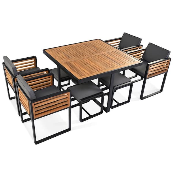 Brown 9-Piece Acacia Wood Outdoor Dining Set, 4 Chairs with Cushion & 4 Ottomans & 1 Square Table for Deck