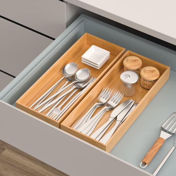 2-Piece Bamboo Drawer Organizer, Stackable Utensil Organizer for Kitchen, Storage Box Wood Silverware Tray for Drawer