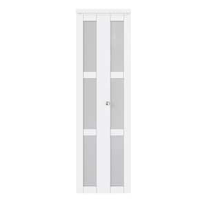 24 in. x 80 in. 3-Lite Tempered Frosted Glass Solid Core White Finished MDF Interior Closet Bi-Fold Door with Hardware