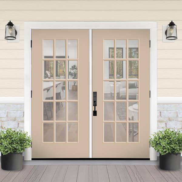 Reliant 64 in. x 80 in. Full Lite 15L Clear Glass LHOS Sandstone Finish Fiberglass Double Prehung Front Door 4 in. Jamb