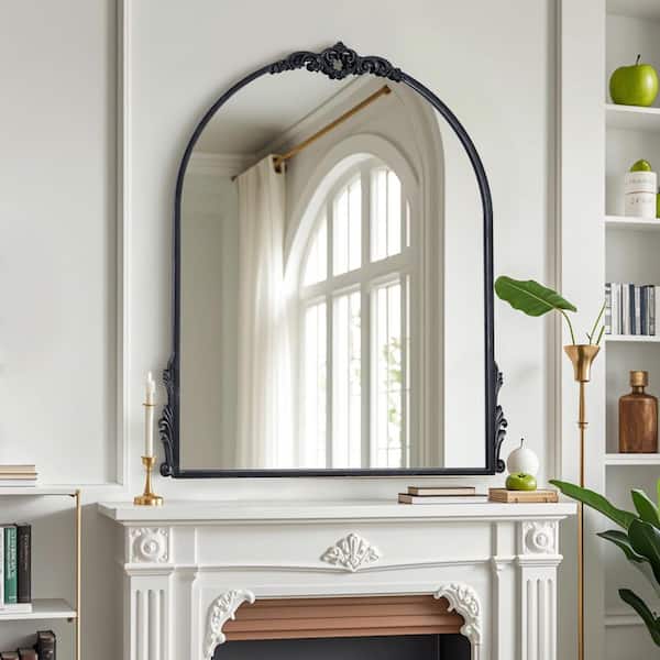 30 in. W x 36 in. H Arched Retro Black Framed with Carved Accent Wall Mirror