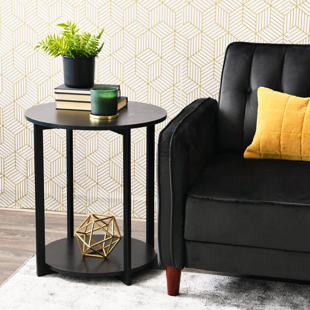 Black Oak and Steel Round End Table with Shelf