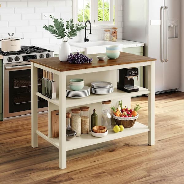 Rustic Walnut and Black Rubber Wood 45 in. Stationary Kitchen Cart Butcher Block Dining Prep Table with 2-Open Shelves