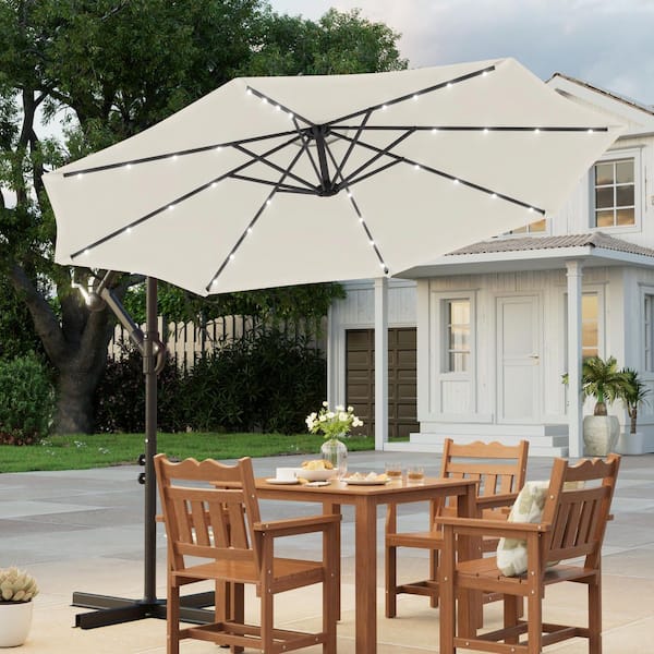 10 ft. Patio Offset Solar LED Umbrellas 50 Plus UV Protection Cantilever Outside Umbrellas, Beige