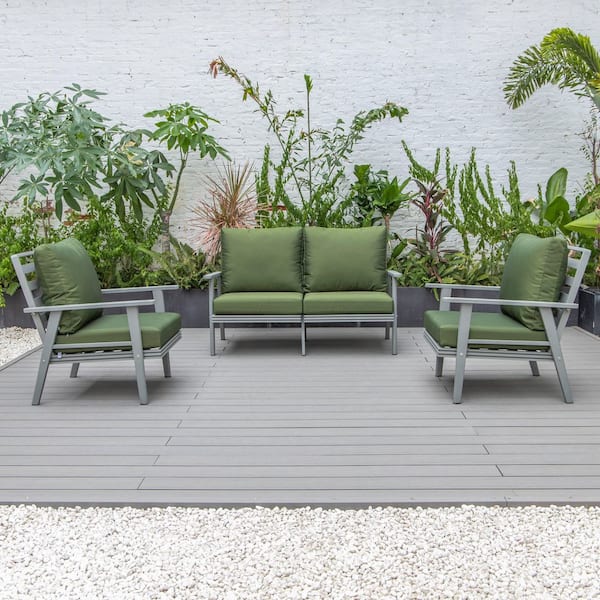 Leisuremod Walbrooke Grey 3-Piece Aluminum Outdoor Loveseat and Set of 2 Armchairs with Removable Cushions, Green