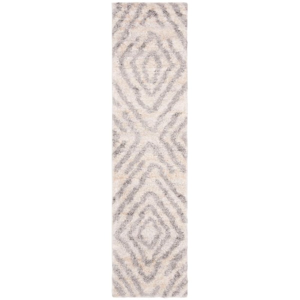 Berber Shag 2 ft. x 10 ft. Cream/Gray Medallion Diamond Geometric Runner Rug