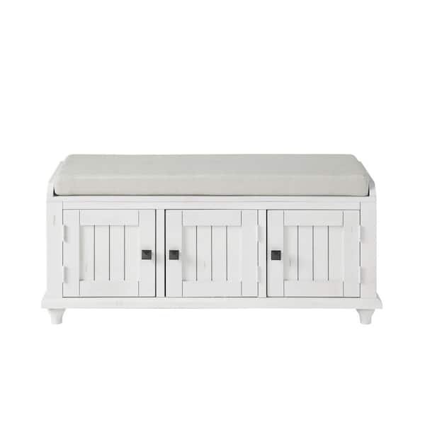URTR Modern White Storage Bench 3-Doors Wooden Storage Bench Linen Fabric Upholstered 18.3 in. H x 15.4 in. W x 42.1 in. D