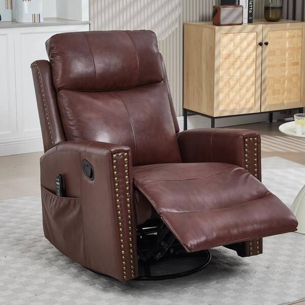 aisword Wine Red Genuine Leather Manual Swivel Recliner Rocker