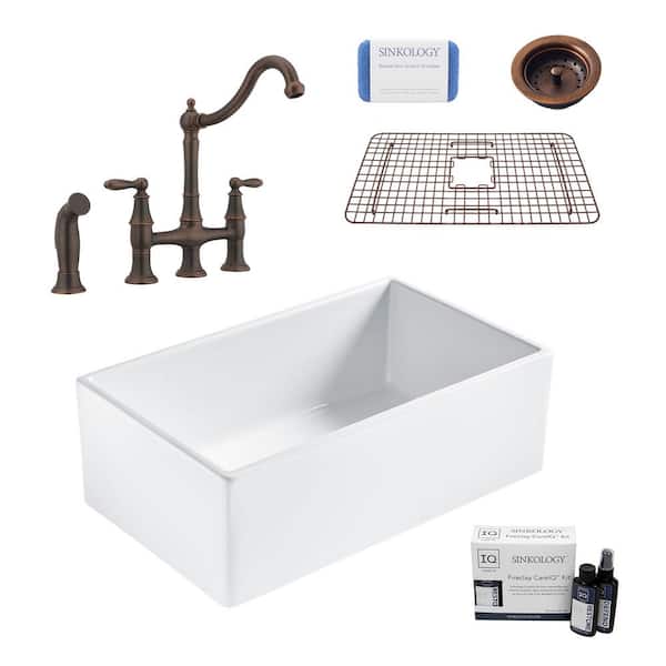SINKOLOGY Bradstreet II All-in-One Fireclay 30 in. Single Bowl Farmhouse Kitchen Sink with Pfister Bronze Faucet and Strainer