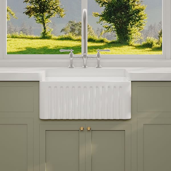 Brooklyn 24 in. W x 18 in. D Single Bowl Farmhouse Apron Kitchen Sink with Bottom Grids and Strainer in White Ceramic