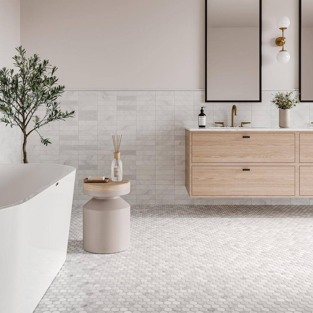 White Carrara Honed Marble 2" x 8" Geometric Mosaic Tile