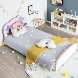 White Kids Upholstered Platform Bed Children Twin Size Wooden Bed Rainbow Pattern