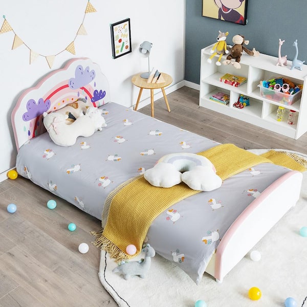 White Kids Upholstered Platform Bed Children Twin Size Wooden Bed Rainbow Pattern