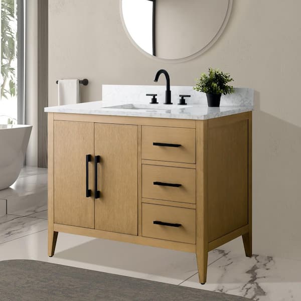 42 in. W x 22 in. D x 34 in. H Single-Sink Bathroom Vanity in Natural Oak with Engineered Marble Top in Arabescato White