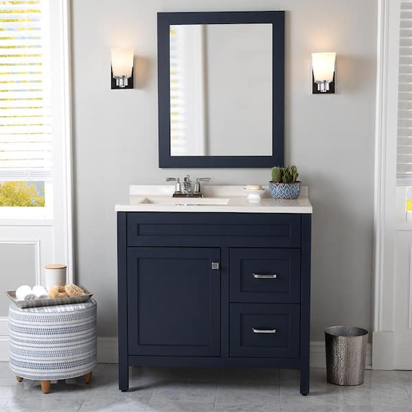 Home Decorators Collection Maywell 37 in. W x 19 in. D x 38 in. H Single Sink Freestanding Bath Vanity in Blue with Snow Cultured Marble Top