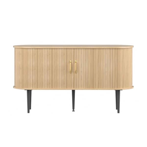 VEIKOUS 55 in. Sideboard Buffet Accent Cabinet with Sliding Tambour Door, Shelves, and Curved Side Cabinet in Wood Color