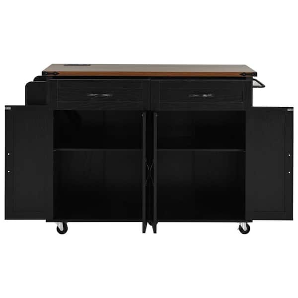 Black Wood Outdoor Grill Carts with Drop Leaf and Wheels Spice Rack for Kitchen, Backyard, Lawn