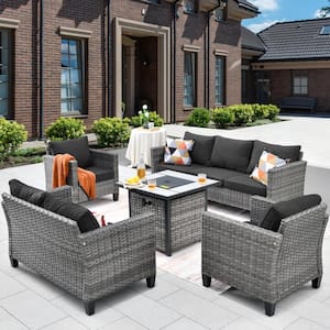 Lake Powell Gray 5-Piece Wicker Patio Conversation Fire Pit Seating Sofa Set with a Loveseat and Black Cushions