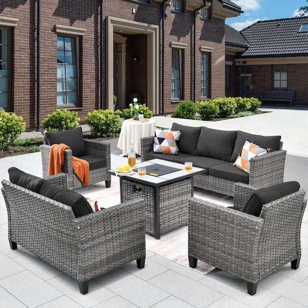 HOOOWOOO Lake Powell Gray 5-Piece Wicker Patio Conversation Fire Pit ...